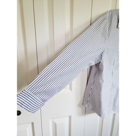 Chico's 3 White/Blue Striped Blouse Button Down XL Silver Metallic Accent Stripe - Picture 6 of 6